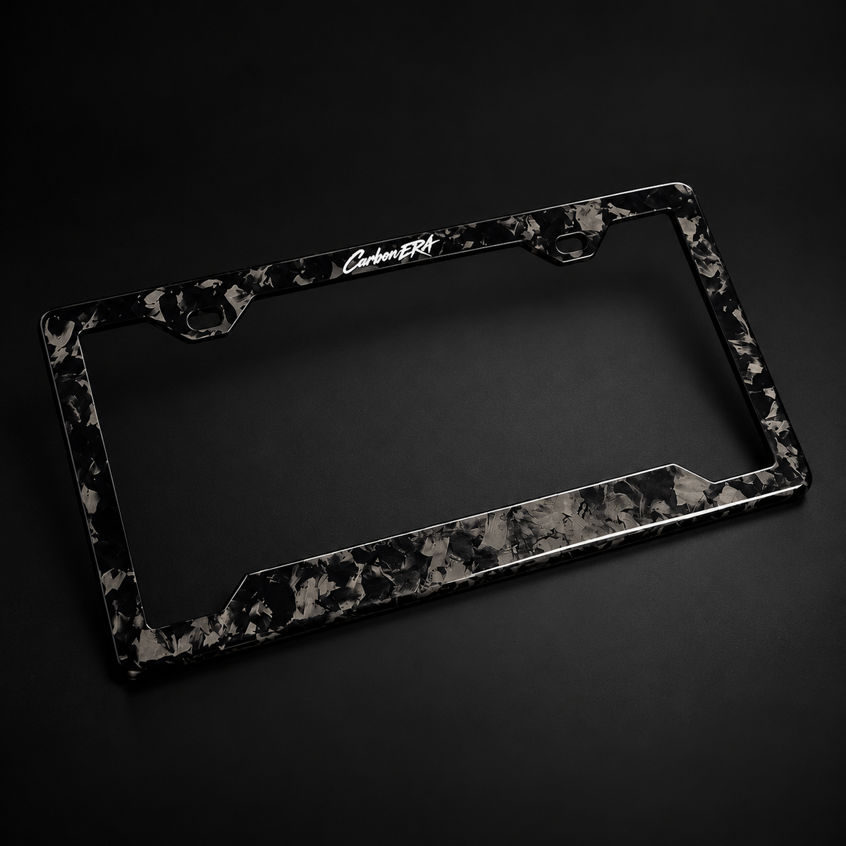 CarbonERA Black Forged Carbon License Plate Frame – angled view