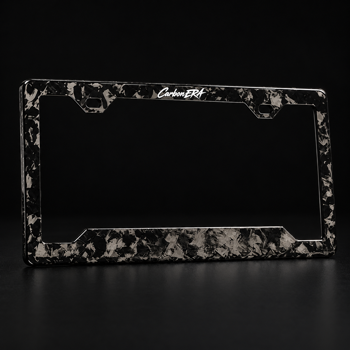 CarbonERA Black Forged Carbon License Plate Frame – standing product view
