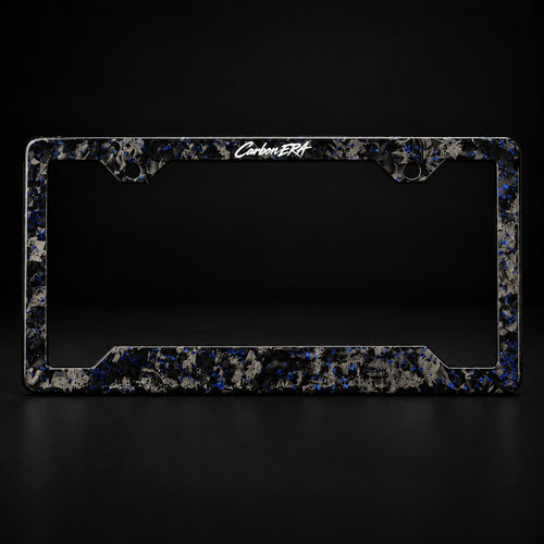 CarbonERA Blue Forged Carbon License Plate Frame – front view