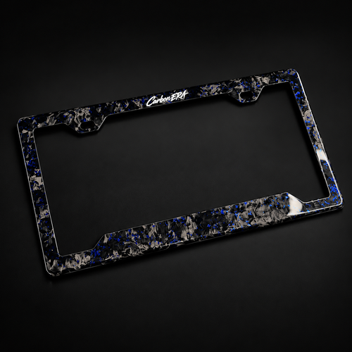 CarbonERA Blue Forged Carbon License Plate Frame – angled view