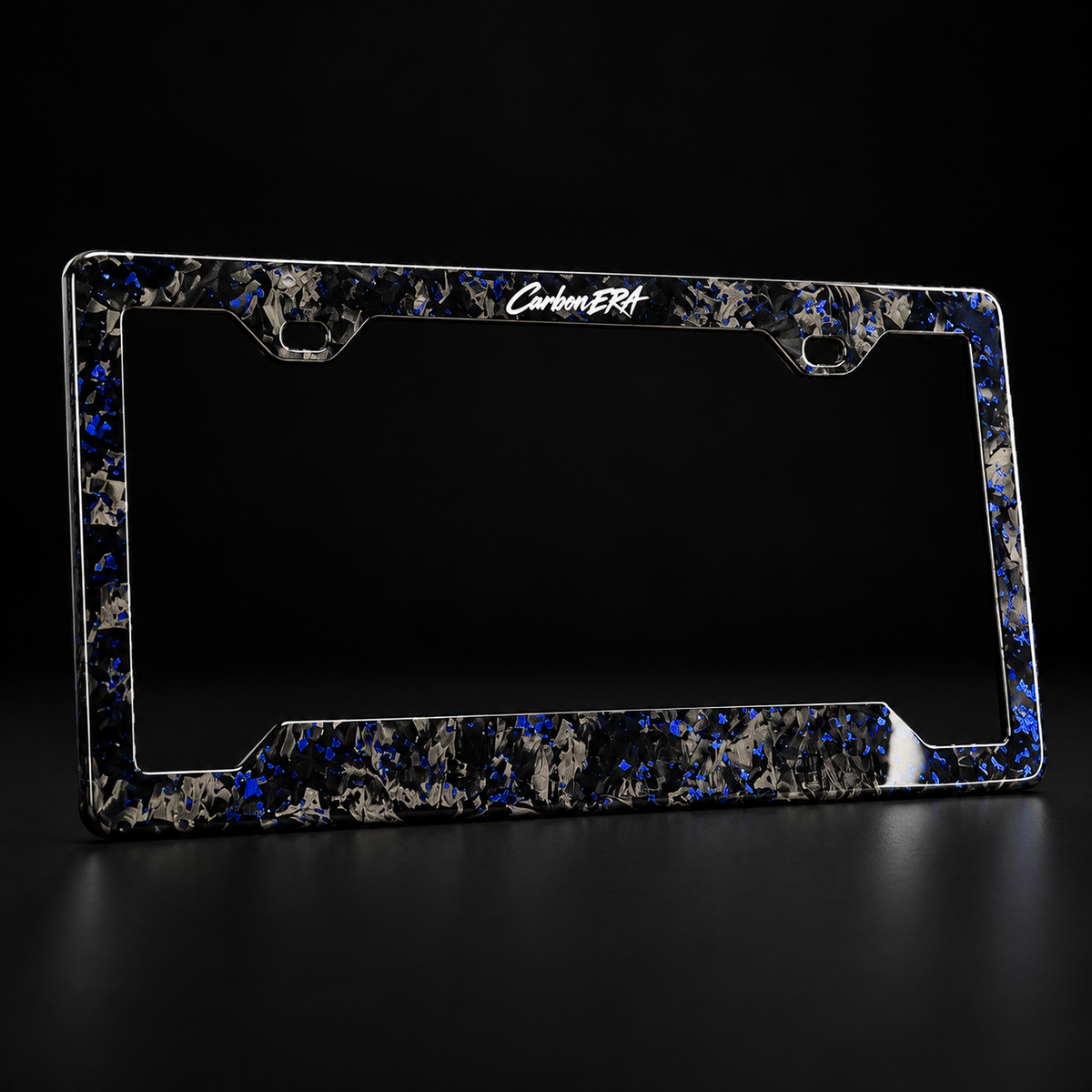CarbonERA Blue Forged Carbon License Plate Frame – standing product view