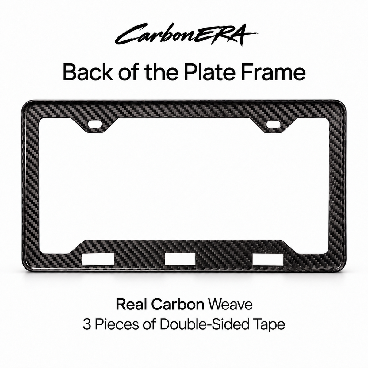 CarbonERA license plate frame back view — carbon weave and adhesive tape placement