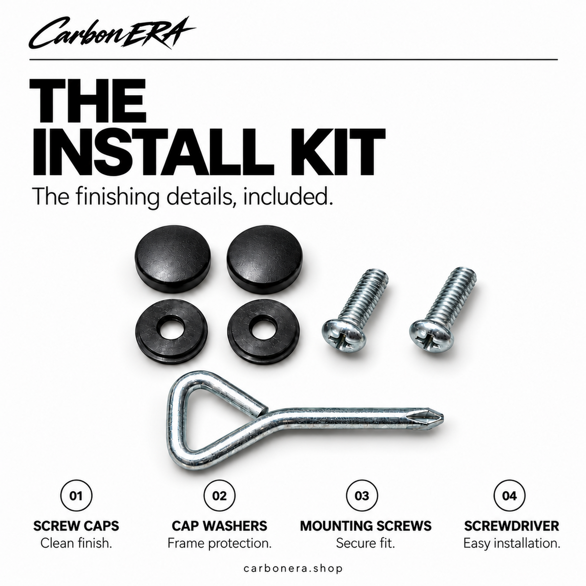 CarbonERA frame installation kit: screw caps, cap washers, mounting screws and screwdriver